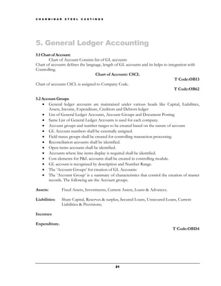 C H A R M I N A R    S T E E L   C A S T I N G S




5. General Ledger Accounting
5.1 Chart of Account:
        Chart of Account Consists list of GL accounts
Chart of accounts defines the language, length of GL accounts and its helps to integration with
Controlling.
                                   Chart of Account: CSCL
                                                                                   T Code:OB13
Chart of accounts CSCL is assigned to Company Code.
                                                                                   T Code:OB62

5.2 Account Groups
    • General ledger accounts are maintained under various heads like Capital, Liabilities,
       Assets, Income, Expenditure, Creditors and Debtors ledger
    • List of General Ledger Accounts, Account Groups and Document Posting
    • Same List of General Ledger Accounts is used for each company.
    • Account groups and number ranges to be created based on the nature of account
    • GL Account numbers shall be externally assigned.
    • Field status groups shall be created for controlling transaction processing.
    • Reconciliation accounts shall be identified.
    • Open items accounts shall be identified.
    • Accounts where line items display is required shall be identified.
    • Cost elements for P&L accounts shall be created in controlling module.
    • GL account is recognized by description and Number Range.
    • The ‘Account Groups’ for creation of GL Accounts:
    • The ‘Account Group’ is a summary of characteristics that control the creation of master
       records. The following are the Account groups.

Assets:             Fixed Assets, Investments, Current Assets, Loans & Advances.

Liabilities:        Share Capital, Reserves & surplus, Secured Loans, Unsecured Loans, Current
                    Liabilities & Provisions;

Incomes

Expenditure.
                                                                                   T Code:OBD4




                                                   21
 