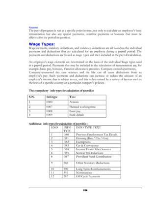 Purpose
The payroll program is run at a specific point in time, not only to calculate an employee’s basic
remuneration but also any special payments, overtime payments or bonuses that must be
effected for the period in question.

Wage Types:
Wage elements, statutory deductions, and voluntary deductions are all based on the individual
payments and deductions that are calculated for an employee during a payroll period. The
payments and deductions are Stored as wage types and then included in the payroll calculation.

An employee's wage elements are determined on the basis of the individual Wage types used
in a payroll period. Payments that may be included in the calculation of remuneration are, for
example, basic pay, bonuses, Vacation allowances gratuities. Company-owned apartments,
Company-sponsored day care services and the like can all cause deductions from an
employee's pay. Such payments and deductions can increase or reduce the amount of an
employee's income that is subject to tax, and this is determined by a variety of factors such as
the laws of a specific country or a particular company's policies.

The compulsory info types for calculation of payroll is:

S.N.           Infotype            Text
1              0000                Actions
2              0007                Planned working time
3              0008                Basic pay
4              0009                Bank details

Additional info types for calculation of payroll is :
                  S.NO        INFO       INFO TYPE TEXT
                              TYPE
                  1            580       Previous Employment Tax Details
                  2            581       Housing (Hra / Cla / Coa)
                  3            582       Exemptions
                  4            583       Car & Conveyance
                  5            584       Income From Other Sources
                  6            585       Section 80 Deductions
                  8            587       Provident Fund Contribution

                   9         588          Other Statutory Deductions
                   10        590          Long Term Reimbursements
                   11        591          Nominations
                   12        267          Off Cycle Payments



                                               228
 