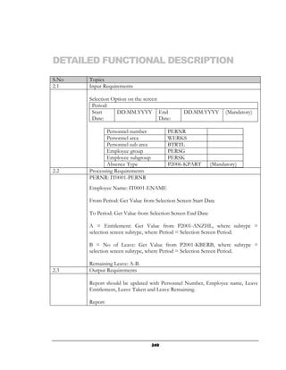 DETAILED FUNCTIONAL DESCRIPTION
S.No   Topics
2.1    Input Requirements

       Selection Option on the screen
        Period:
        Start      DD.MM.YYYY End               DD.MM.YYYY         (Mandatory)
        Date:                         Date:

               Personnel number           PERNR
               Personnel area             WERKS
               Personnel sub area         BTRTL
               Employee group             PERSG
               Employee subgroup          PERSK
               Absence Type               P2006-KPART        (Mandatory)
2.2    Processing Requirements
       PERNR: IT0001-PERNR
       Employee Name: IT0001-ENAME

       From Period: Get Value from Selection Screen Start Date

       To Period: Get Value from Selection Screen End Date

       A = Entitlement: Get Value from P2001-ANZHL, where subtype =
       selection screen subtype, where Period = Selection Screen Period.

       B = No of Leave: Get Value from P2001-KBERB, where subtype =
       selection screen subtype, where Period = Selection Screen Period.

       Remaining Leave: A-B.
2.3    Output Requirements

       Report should be updated with Personnel Number, Employee name, Leave
       Entitlement, Leave Taken and Leave Remaining.

       Report




                                    249
 