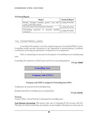 C H A R M I N A R   S T E E L   C A S T I N G S




13.2 Internal Reports
                                       Report                      Standard Report
             Weekly, fortnight, monthly, quarter- year, half- S_ALR_87012186
             yearly, yearly Sales reports
             Over due items from customers statement          S_ALR_87012168
             Outstanding payments to accounts payable
                                                              S_ALR_87012084
             statements




14. CONTROLLING
       Controlling (CO) module is one of the integral components of standard SAP R/3 system.
Controlling module provides information to the organization in decision-making. It facilitates
coordination, monitoring and optimization of all processes in an organization

        CSCL is maintaining cost accounts for the purpose of controlling costs in manufacturing
units

Controlling Area represents a closed system used for cost accounting purposes.
                                                                                 T Code: OKKP


                                 Controlling Area


                            Company code (CSCL)


                    Company code CSCL is assigned to Controlling Area CSCL

Components are activated in the Controlling Areas

Number intervals for controlling areas are maintained at
                                                                                 T Code: KANK.

Versions
Version 0 (Plan / Actual Version) is maintained for controlling areas.

Cost Element Accounting: This process takes care of integrating FI GL accounts with CO.
Through cost element accounting, an enterprise can get complete information on what costs are


                                                  36
 