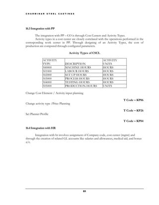 C H A R M I N A R   S T E E L   C A S T I N G S




16.3 Integration with PP

       The integration with PP – CO is through Cost Centers and Activity Types.
       Activity types in a cost center are closely correlated with the operations performed in the
corresponding work center in PP. Through designing of an Activity Types, the cost of
production are computed through configured parameters.

                                          Activity Types of CSCL

               ACTIVITY                                            ACTIVITY
               TYPE                   DESCRIPTION                  UNITS
               500000                 MACHINE HOURS                HOURS
               501000                 LABOUR HOURS                 HOURS
               502000                 SET UP HOURS                 HOURS
               503000                 PROCESS HOURS                HOURS
               504000                 TESTING HOURS                HOURS
               505000                 PRODUCTION HOURS             UNITS

Change Cost Element / Activity input planning

                                                                                 T Code – KP06
Change activity type /Price Planning

                                                                                 T Code – KP26
Set Planner Profile

                                                                                 T Code – KP04

16.4 Integration with HR

       Integration with hr involves assignment of Company code, cost center (mgmt) and
through the creation of related GL accounts like salaries and allowances, medical aid, and bonus
a/c.




                                                   51
 