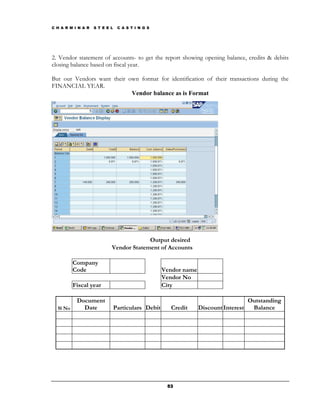 C H A R M I N A R   S T E E L    C A S T I N G S




2. Vendor statement of accounts- to get the report showing opening balance, credits & debits
closing balance based on fiscal year.

But our Vendors want their own format for identification of their transactions during the
FINANCIAL YEAR.
                            Vendor balance as is Format




                                         Output desired
                            Vendor Statement of Accounts

          Company
          Code                                      Vendor name
                                                    Vendor No
          Fiscal year                               City

           Document                                                                 Outstanding
  Sl No      Date               Particulars Debit     Credit      Discount Interest  Balance




                                                     53
 