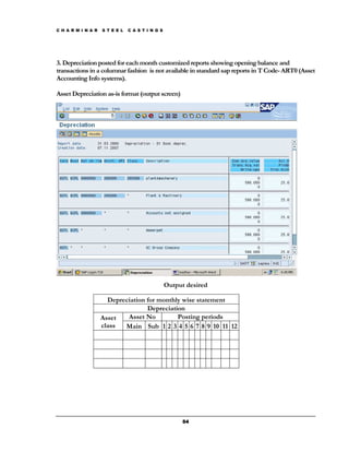 C H A R M I N A R   S T E E L   C A S T I N G S




3. Depreciation posted for each month customized reports showing opening balance and
transactions in a columnar fashion is not available in standard sap reports in T Code- ART0 (Asset
Accounting Info systems).

Asset Depreciation as-is format (output screen)




                                                  Output desired

                      Depreciation for monthly wise statement
                                   Depreciation
                    Asset   Asset No         Posting periods
                    class  Main Sub 1 2 3 4 5 6 7 8 9 10 11 12




                                                       54
 