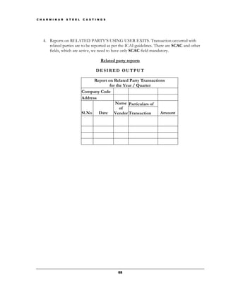 C H A R M I N A R   S T E E L   C A S T I N G S




    4. Reports on RELATED PARTY’S USING USER EXITS. Transaction occurred with
       related parties are to be reported as per the ICAI guidelines. There are SCAC and other
       fields, which are active, we need to have only SCAC field mandatory.

                                           Related party reports

                                        DESIRED OUTPUT

                                      Report on Related Party Transactions
                                              for the Year / Quarter
                                Company Code
                                Address
                                                 Name Particulars of
                                                    of
                                Sl.No   Date Vendor Transaction         Amount




                                                    55
 