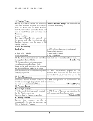 C H A R M I N A R   S T E E L   C A S T I N G S




(5) Voucher Types
Receipt vouchers for Bank and Cash with Internal Number Ranges are maintained for
one Serial Number. Payment vouchers for Document Numbering.
Bank and Cash with one Serial Number.
Petty Cash Vouchers are used at Plants and
also at Head Office with respective Serial
Numbers.
Journal vouchers.
Two types of Sales Invoices are used - one
for exports and other for domestic sales.
Purchase Invoices with the name of bill
passing voucher.
6.Bank Accounting
Bank A/c’s:                                   In SAP, a House bank can be maintained
                                              for each bank account
a) State Bank Of India                        a) State Bank Of India
b) Ing Vysya Bank                             b) Ing Vysya Bank
All the Business transactions are carried out Each bank can be treated as a house bank.
through State Bank of India.                                                  T Code: FI12
All the Administration transactions are
carried out through Ing Vysya Bank.
Based on the bank statements, the amounts
are accounted in the books of accounts.
Bank reconciliation is done manually at the For Bank reconciliation purpose we can
end of every month.                           maintain Bank Accounts like main bank a/c,
                                              cheques deposit a/c, cheques issue a/c and etc
(7) Cash Management
Authorized persons maintain cashbooks to In SAP Cash Journals can be maintained for
record cash Receipts & payments both at cashbooks.
the plant and administration Office.                                     T Code: FBCJCO
(8) Payment Terms
8.1 Sundry Creditors
A 60 days credit limit is generally obtained In SAP Terms of Payment are maintained for
for the Vendor payments.                      both customers and vendors are same.
Payment done by cheques to Vendors.                                         T Code: OBB8
8.2 Sundry Debtors
Receipts from customers are also by
cheques only. On order the customers pay
30% of the invoice Amount.



                                                  6
 