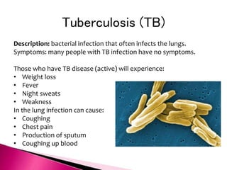 Tuberculosis (TB)
Description: bacterial infection that often infects the lungs.
Symptoms: many people with TB infection have no symptoms.
Those who have TB disease (active) will experience:
• Weight loss
• Fever
• Night sweats
• Weakness
In the lung infection can cause:
• Coughing
• Chest pain
• Production of sputum
• Coughing up blood
 