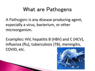 What are Pathogens
A Pathogen: is any disease-producing agent,
especially a virus, bacterium, or other
microorganism.
Examples: HIV, hepatitis B (HBV) and C (HCV),
influenza (flu), tuberculosis (TB), meningitis,
COVID, etc.
 