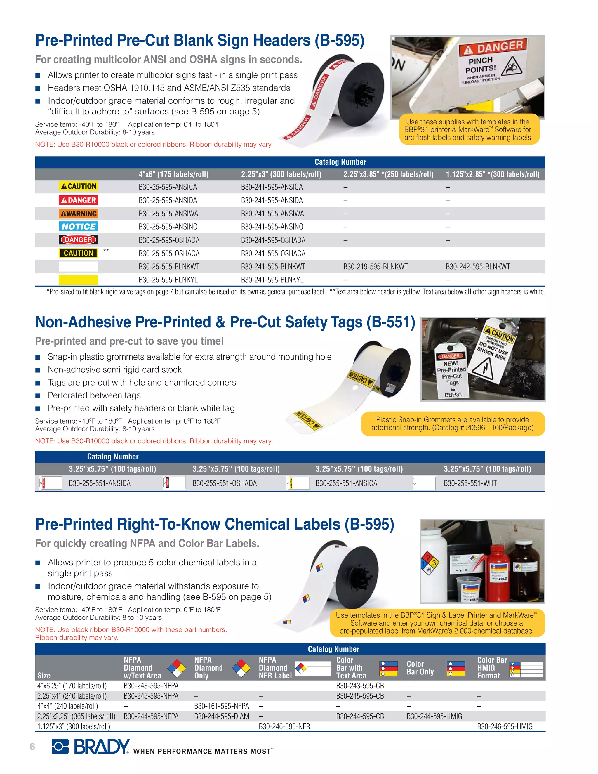 6
Pre-Printed Pre-Cut Blank Sign Headers (B-595)
For creating multicolor ANSI and OSHA signs in seconds.
Use these supplies with templates in the
BBP®
31 printer & MarkWare™
Software for
arc flash labels and safety warning labels
■■ Allows printer to create multicolor signs fast - in a single print pass
■■ Headers meet OSHA 1910.145 and ASME/ANSI Z535 standards
■■ Indoor/outdoor grade material conforms to rough, irregular and
“difficult to adhere to” surfaces (see B-595 on page 5)
Service temp: -40ºF to 180ºF Application temp: 0ºF to 180ºF
Average Outdoor Durability: 8-10 years
NOTE: Use B30-R10000 black or colored ribbons. Ribbon durability may vary.
Catalog Number
4"x6" (175 labels/roll) 2.25"x3" (300 labels/roll) 2.25"x3.85" *(250 labels/roll) 1.125"x2.85" *(300 labels/roll)
B30-25-595-ANSICA B30-241-595-ANSICA – –
B30-25-595-ANSIDA B30-241-595-ANSIDA – –
B30-25-595-ANSIWA B30-241-595-ANSIWA – –
B30-25-595-ANSINO B30-241-595-ANSINO – –
B30-25-595-OSHADA B30-241-595-OSHADA – –
B30-25-595-OSHACA B30-241-595-OSHACA – –
B30-25-595-BLNKWT B30-241-595-BLNKWT B30-219-595-BLNKWT B30-242-595-BLNKWT
B30-25-595-BLNKYL B30-241-595-BLNKYL – –
*Pre-sized to fit blank rigid valve tags on page 7 but can also be used on its own as general purpose label. **Text area below header is yellow. Text area below all other sign headers is white.
**
Non-Adhesive Pre-Printed & Pre-Cut Safety Tags (B-551)
Pre-printed and pre-cut to save you time!
Plastic Snap-in Grommets are available to provide
additional strength. (Catalog # 20596 - 100/Package)
■■ Snap-in plastic grommets available for extra strength around mounting hole
■■ Non-adhesive semi rigid card stock
■■ Tags are pre-cut with hole and chamfered corners
■■ Perforated between tags
■■ Pre-printed with safety headers or blank white tag
Service temp: -40ºF to 180ºF Application temp: 0ºF to 180ºF
Average Outdoor Durability: 8-10 years
NOTE: Use B30-R10000 black or colored ribbons. Ribbon durability may vary.
Catalog Number
3.25”x5.75” (100 tags/roll) 3.25”x5.75” (100 tags/roll) 3.25”x5.75” (100 tags/roll) 3.25”x5.75” (100 tags/roll)
B30-255-551-ANSIDA B30-255-551-OSHADA B30-255-551-ANSICA B30-255-551-WHT
Pre-Printed Right-To-Know Chemical Labels (B-595)
For quickly creating NFPA and Color Bar Labels.
■■ Allows printer to produce 5-color chemical labels in a
single print pass
■■ Indoor/outdoor grade material withstands exposure to
moisture, chemicals and handling (see B-595 on page 5)
Service temp: -40ºF to 180ºF Application temp: 0ºF to 180ºF
Average Outdoor Durability: 8 to 10 years
NOTE: Use black ribbon B30-R10000 with these part numbers.
Ribbon durability may vary.
Catalog Number
Size
NFPA
Diamond
w/Text Area
NFPA
Diamond
Only
NFPA
Diamond
NFR Label
Color
Bar with
Text Area
Color
Bar Only
Color Bar
HMIG
Format
4”x6.25” (170 labels/roll) B30-243-595-NFPA – – B30-243-595-CB – –
2.25”x4” (240 labels/roll) B30-245-595-NFPA – – B30-245-595-CB – –
4”x4” (240 labels/roll) – B30-161-595-NFPA – – – –
2.25”x2.25” (365 labels/roll) B30-244-595-NFPA B30-244-595-DIAM – B30-244-595-CB B30-244-595-HMIG
1.125”x3” (300 labels/roll) – – B30-246-595-NFR – – B30-246-595-HMIG
Use templates in the BBP®
31 Sign & Label Printer and MarkWare™
Software and enter your own chemical data, or choose a
pre-populated label from MarkWare’s 2,000-chemical database.
 