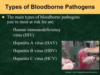 Copyright Progressive Business Publications
Types of Bloodborne Pathogens
 The main types of bloodborne pathogens
you’re most at risk for are:
– Human immunodeficiency
virus (HIV)
– Hepatitis A virus (HAV)
– Hepatitis B virus (HBV)
– Hepatitis C virus (HCV)
 