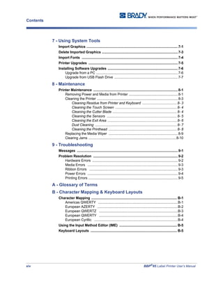 xiv BBP®
85 Label Printer User’s Manual
Contents
7 - Using System Tools
Import Graphics ...............................................................................................7-1
Delete Imported Graphics ...............................................................................7-3
Import Fonts ....................................................................................................7-4
Printer Upgrades .............................................................................................7-5
Installing Software Upgrades .........................................................................7-6
Upgrade from a PC .....................................................................................7-6
Upgrade from USB Flash Drive ..................................................................7-7
8 - Maintenance
Printer Maintenance ........................................................................................8-1
Removing Power and Media from Printer ...................................................8-1
Cleaning the Printer ....................................................................................8-3
Cleaning Residue from Printer and Keyboard ....................................8- 3
Cleaning the Touch Screen ................................................................8- 4
Cleaning the Cutter Blade ...................................................................8- 4
Cleaning the Sensors .........................................................................8- 5
Cleaning the Exit Area ........................................................................8- 6
Dust Cleaning .....................................................................................8- 7
Cleaning the Printhead .......................................................................8- 8
Replacing the Media Wiper ........................................................................8-9
Clearing Jams ...........................................................................................8-10
9 - Troubleshooting
Messages .........................................................................................................9-1
Problem Resolution ........................................................................................9-2
Hardware Errors .........................................................................................9-2
Media Errors ..............................................................................................9-3
Ribbon Errors ............................................................................................9-3
Power Errors ..............................................................................................9-4
Printing Errors .............................................................................................9-5
A - Glossary of Terms
B - Character Mapping & Keyboard Layouts
Character Mapping ......................................................................................... B-1
Americas QWERTY ...................................................................................B-1
European AZERTY ....................................................................................B-2
European QWERTZ ..................................................................................B-3
European QWERTY ..................................................................................B-4
European Cyrillic .......................................................................................B-4
Using the Input Method Editor (IME) ............................................................ B-5
Keyboard Layouts .......................................................................................... B-5
 