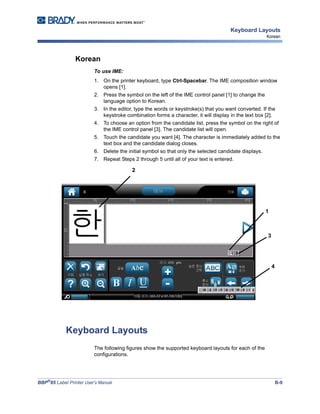 BBP®
85 Label Printer User’s Manual B-9
Keyboard Layouts
Korean
Korean
To use IME:
1. On the printer keyboard, type Ctrl-Spacebar. The IME composition window
opens [1].
2. Press the symbol on the left of the IME control panel [1] to change the
language option to Korean.
3. In the editor, type the words or keystroke(s) that you want converted. If the
keystroke combination forms a character, it will display in the text box [2].
4. To choose an option from the candidate list, press the symbol on the right of
the IME control panel [3]. The candidate list will open.
5. Touch the candidate you want [4]. The character is immediately added to the
text box and the candidate dialog closes.
6. Delete the initial symbol so that only the selected candidate displays.
7. Repeat Steps 2 through 5 until all of your text is entered.
Keyboard Layouts
The following figures show the supported keyboard layouts for each of the
configurations.
1
2
3
4
 