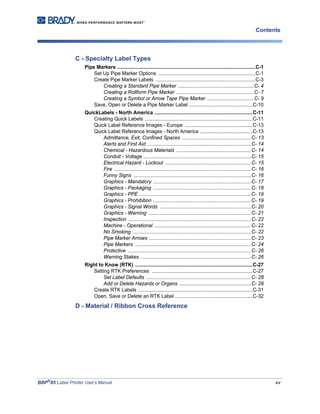 BBP®
85 Label Printer User’s Manual xv
Contents
C - Specialty Label Types
Pipe Markers ....................................................................................................C-1
Set Up Pipe Marker Options ......................................................................C-1
Create Pipe Marker Labels ........................................................................C-3
Creating a Standard Pipe Marker .......................................................C- 4
Creating a Rollform Pipe Marker ........................................................C- 7
Creating a Symbol or Arrow Tape Pipe Marker ..................................C- 9
Save, Open or Delete a Pipe Marker Label ..............................................C-10
QuickLabels - North America .......................................................................C-11
Creating Quick Labels ..............................................................................C-11
Quick Label Reference Images - Europe .................................................C-13
Quick Label Reference Images - North America ......................................C-13
Admittance, Exit, Confined Spaces ..................................................C- 13
Alerts and First Aid ...........................................................................C- 14
Chemical - Hazardous Materials ......................................................C- 14
Conduit - Voltage ..............................................................................C- 15
Electrical Hazard - Lockout ..............................................................C- 15
Fire ...................................................................................................C- 16
Funny Signs .....................................................................................C- 16
Graphics - Mandatory .......................................................................C- 17
Graphics - Packaging .......................................................................C- 18
Graphics - PPE .................................................................................C- 18
Graphics - Prohibition .......................................................................C- 19
Graphics - Signal Words ..................................................................C- 20
Graphics - Warning ..........................................................................C- 21
Inspection .........................................................................................C- 22
Machine - Operational ......................................................................C- 22
No Smoking ......................................................................................C- 22
Pipe Marker Arrows ..........................................................................C- 23
Pipe Markers ....................................................................................C- 24
Protective .........................................................................................C- 26
Warning Stakes ................................................................................C- 26
Right to Know (RTK) .....................................................................................C-27
Setting RTK Preferences .........................................................................C-27
Set Label Defaults ............................................................................C- 28
Add or Delete Hazards or Organs ....................................................C- 29
Create RTK Labels ...................................................................................C-31
Open, Save or Delete an RTK Label ........................................................C-32
D - Material / Ribbon Cross Reference
 