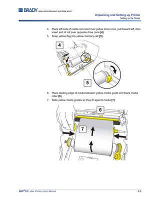 BBP®
85 Label Printer User’s Manual 2-5
Unpacking and Setting up Printer
Setting up the Printer
4. Place left side of media roll insert over yellow drive cone, pull toward left, then
insert end of roll over opposite drive cone [4].
5. Snap yellow flag into yellow memory cell [5].
6. Place leading edge of media between yellow media guide and black media
roller [6].
7. Slide yellow media guides so they fit against media [7].
4
5
6
7
 