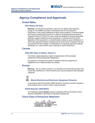 vi BBP®
85 Label Printer User’s Manual
Agency Compliance and Approvals
China Class A Emissions Statement
Agency Compliance and Approvals
United States
FCC Notice-US Only
Warning: This equipment generates, uses and can radiate radio frequency
energy. If not installed and used in accordance with the manufacturer’s
instructions, it may cause interference to radio communications. It has been tested
and found to comply with the limits for a Class A computing device pursuant to
Subpart B of Part 15 of the FCC rules, which are designed to provide reasonable
protection against interference when operating in a commercial environment.
Operation of this equipment in a residential area is likely to cause interference, in
which case required corrective measures will be at the owner’s expense.The user
is cautioned that any changes or modifications not expressly approved by Brady
Worldwide, Inc. could void the user’s authority to use the equipment.
Canada
ICES-003 Class A Notice, Classe A
This Class A digital apparatus meets all requirements of the Canadian
Interference-Causing Equipment Regulations.
Cet appareil numerique de la classe A respecte toutes les exigences du
Reglement sur le material broilleur du Canada.
Europe
Warning – This is a Class A product. In a domestic environment this product may
cause radio interference, in which case the user may be required to take adequate
measures.
Waste Electrical and Electronic Equipment Directive
In accordance with the European WEEE Directive, this device must be recycled in
the European Union country in which it was purchased.
RoHS Directive 2002/95/EC
This statement clarifies Brady’s product compliance with the European Union’s
Directive 2002/95/EC, Restriction of Hazardous Substances
China Class A Emissions Statement
 