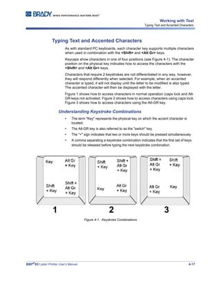 BBP®
85 Label Printer User’s Manual 4-17
Working with Text
Typing Text and Accented Characters
Typing Text and Accented Characters
As with standard PC keyboards, each character key supports multiple characters
when used in combination with the <Shift> and <Alt Gr> keys.
Keycaps show characters in one of four positions (see Figure 4-1). The character
position on the physical key indicates how to access the characters with the
<Shift> and <Alt Gr> keys.
Characters that require 2 keystrokes are not differentiated in any way, however,
they will respond differently when selected. For example, when an accented
character is typed, it will not display until the letter to be modified is also typed.
The accented character will then be displayed with the letter.
Figure 1 shows how to access characters in normal operation (caps lock and Alt-
GR keys not activated. Figure 2 shows how to access characters using caps lock.
Figure 3 shows how to access characters using the Alt-GR key.
Understanding Keystroke Combinations
• The term "Key" represents the physical key on which the accent character is
located.
• The Alt-GR key is also referred to as the "switch" key.
• The "+" sign indicates that two or more keys should be pressed simultaneously.
• A comma separating a keystroke combination indicates that the first set of keys
should be released before typing the next keystroke combination.
Figure 4-1. Keystroke Combinations
1 2 3
 
