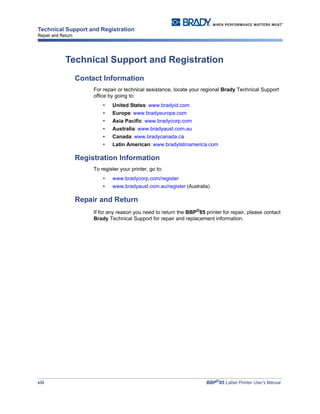 viii BBP®
85 Label Printer User’s Manual
Technical Support and Registration
Repair and Return
Technical Support and Registration
Contact Information
For repair or technical assistance, locate your regional Brady Technical Support
office by going to:
• United States: www.bradyid.com
• Europe: www.bradyeurope.com
• Asia Pacific: www.bradycorp.com
• Australia: www.bradyaust.com.au
• Canada: www.bradycanada.ca
• Latin American: www.bradylatinamerica.com
Registration Information
To register your printer, go to:
• www.bradycorp.com/register
• www.bradyaust.com.au/register (Australia)
Repair and Return
If for any reason you need to return the BBP®85 printer for repair, please contact
Brady Technical Support for repair and replacement information.
 