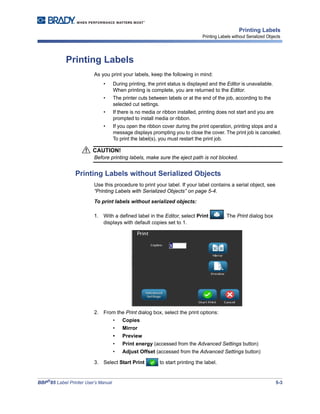 BBP®
85 Label Printer User’s Manual 5-3
Printing Labels
Printing Labels without Serialized Objects
Printing Labels
As you print your labels, keep the following in mind:
• During printing, the print status is displayed and the Editor is unavailable.
When printing is complete, you are returned to the Editor.
• The printer cuts between labels or at the end of the job, according to the
selected cut settings.
• If there is no media or ribbon installed, printing does not start and you are
prompted to install media or ribbon.
• If you open the ribbon cover during the print operation, printing stops and a
message displays prompting you to close the cover. The print job is canceled.
To print the label(s), you must restart the print job.
CAUTION!
Before printing labels, make sure the eject path is not blocked.
Printing Labels without Serialized Objects
Use this procedure to print your label. If your label contains a serial object, see
“Printing Labels with Serialized Objects” on page 5-4.
To print labels without serialized objects:
1. With a defined label in the Editor, select Print . The Print dialog box
displays with default copies set to 1.
2. From the Print dialog box, select the print options:
• Copies
• Mirror
• Preview
• Print energy (accessed from the Advanced Settings button)
• Adjust Offset (accessed from the Advanced Settings button)
3. Select Start Print to start printing the label.
 