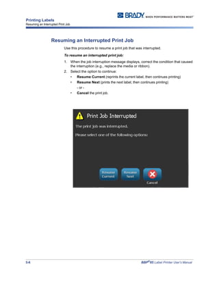 5-6 BBP®
85 Label Printer User’s Manual
Printing Labels
Resuming an Interrupted Print Job
Resuming an Interrupted Print Job
Use this procedure to resume a print job that was interrupted.
To resume an interrupted print job:
1. When the job interruption message displays, correct the condition that caused
the interruption (e.g., replace the media or ribbon).
2. Select the option to continue:
• Resume Current (reprints the current label, then continues printing)
• Resume Next (prints the next label, then continues printing)
- or -
• Cancel the print job.
 