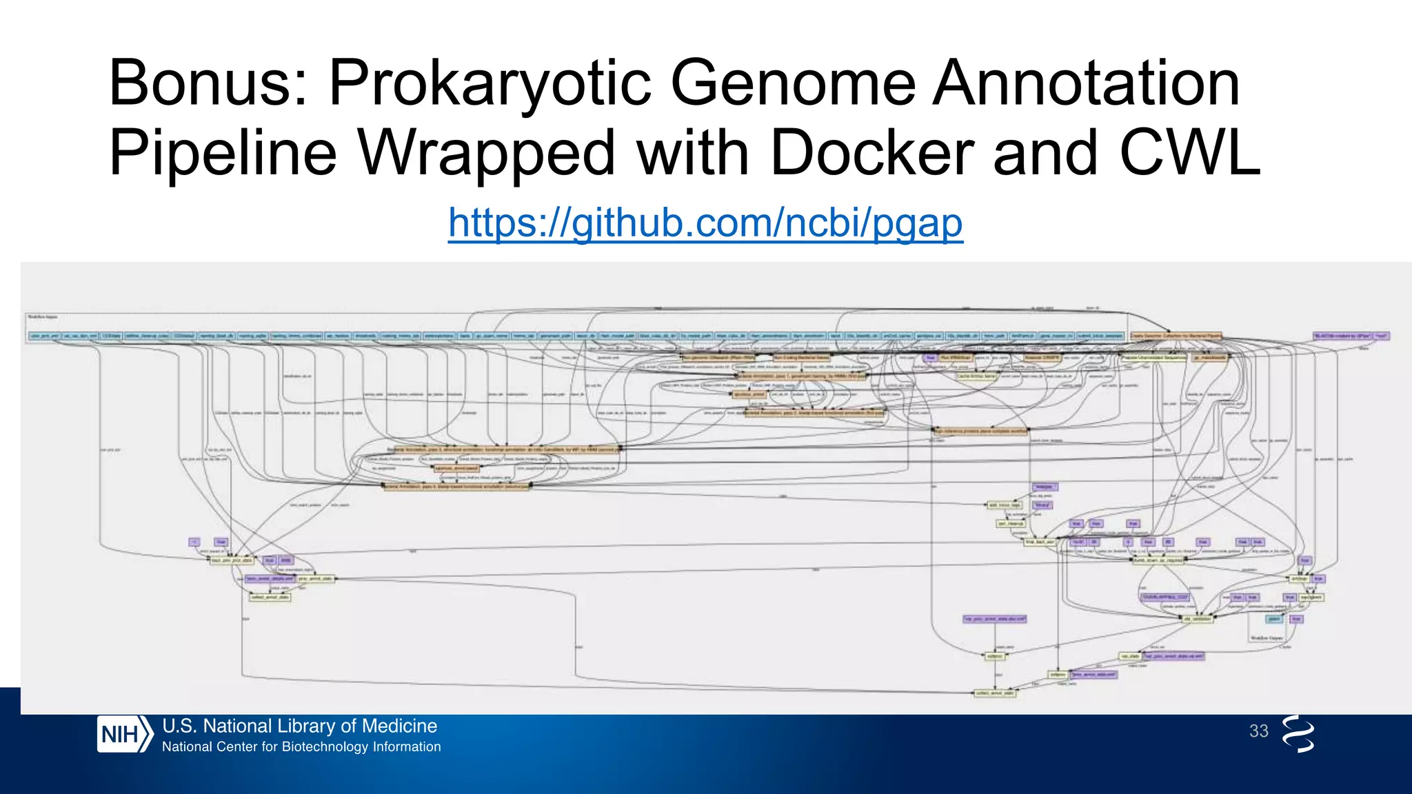 Bonus: Prokaryotic Genome Annotation
Pipeline Wrapped with Docker and CWL
https://github.com/ncbi/pgap
33
 