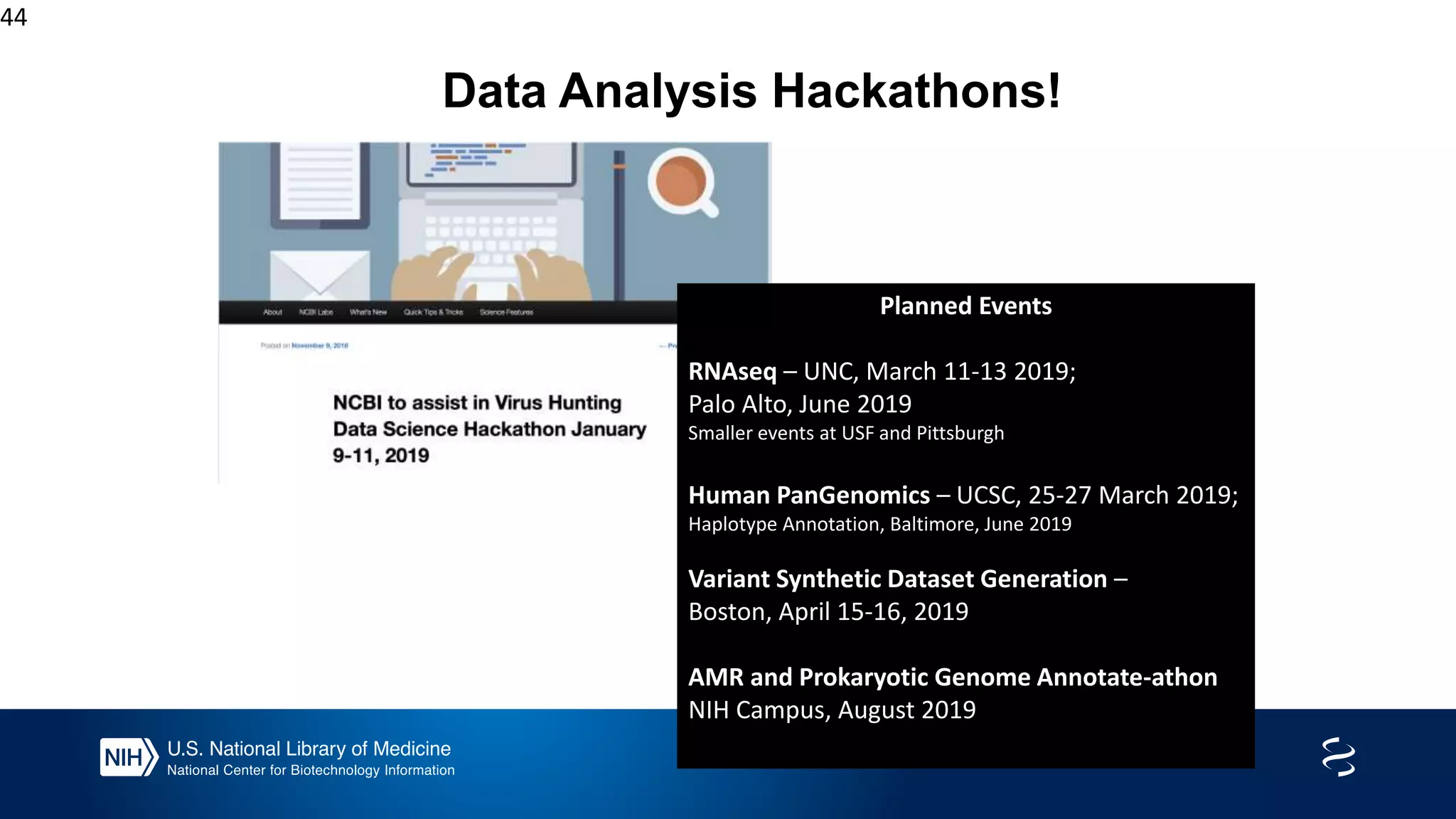 44
Data Analysis Hackathons!
Planned Events
RNAseq – UNC, March 11-13 2019;
Palo Alto, June 2019
Smaller events at USF and Pittsburgh
Human PanGenomics – UCSC, 25-27 March 2019;
Haplotype Annotation, Baltimore, June 2019
Variant Synthetic Dataset Generation –
Boston, April 15-16, 2019
AMR and Prokaryotic Genome Annotate-athon
NIH Campus, August 2019
 