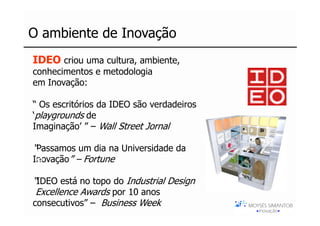 O ambiente de Inovação
    IDEO criou uma cultura, ambiente,
    conhecimentos e metodologia
    em Inovação:

    “ Os escritórios da IDEO são verdadeiros
    ‘playgrounds de
    Imaginação’ ” – Wall Street Jornal
Moysés Simantob




    “Passamos um dia na Universidade da
     2007




    Inovação” – Fortune

    “IDEO está no topo do Industrial Design
     Excellence Awards por 10 anos
    consecutivos” – Business Week
 