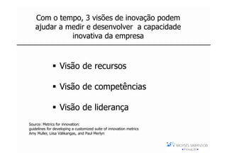 Com o tempo, 3 visões de inovação podem
   ajudar a medir e desenvolver a capacidade
             inovativa da empresa



                  Visão de recursos

                  Visão de competências

                  Visão de liderança
Source: Metrics for innovation:
guidelines for developing a customized suite of innovation metrics
Amy Muller, Liisa Välikangas, and Paul Merlyn
 