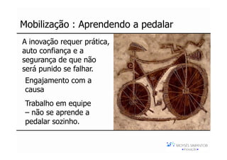 Mobilização : Aprendendo a pedalar
A inovação requer prática,
         ¡
auto confiança e a
segurança de que não
será punido se falhar.
 Engajamento com a
 causa
 Trabalho em equipe
 – não se aprende a
 pedalar sozinho.
 