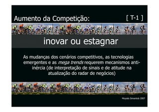 Aumento da Competição:                             [ T-1 ]



           inovar ou estagnar
  As mudanças dos cenários competitivos, as tecnologias
  emergentes e as mega trends requerem mecanismos anti-
      inércia (de interpretação de sinais e de atitude na
               atualização do radar de negócios)




                                                Moysés Simantob 2007
 