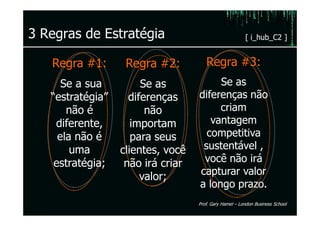 3 Regras de Estratégia                                  [ i_hub_C2 ]


   Regra #1:       Regra #2:          Regra #3:
      Se a sua         Se as            Se as
   “estratégia”     diferenças     diferenças não
       não é            não             criam
    diferente,       importam         vantagem
     ela não é       para seus       competitiva
        uma       clientes, você    sustentável ,
    estratégia;    não irá criar    você não irá
                       valor;      capturar valor
                                   a longo prazo.
                                   Prof. Gary Hamel – London Business School
 