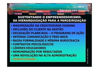 [ i_hub_C4 ]
                          Estrutura para inovação

   SUSTENTANDO O EMPREENDEDORISMO:
DA HIERARQUIZAÇÃO PARA A PARCEIRIZAÇÃO
MAXIMIZAÇÃO DA CRIATIVIDADE HUMANA
INCLUSÃO DO CLIENTE NA GESTÃO
DELEGAÇÃO PLANEJADA – O PROGRAMA DE AÇÃO
INTENSA COMUNICAÇÃO E FEED BACK
BAIXA FORMALIDADE E MÍNIMA BUROCRACIA
CONTRATOS PSICOLÓGICOS
LÍDERES EDUCADORES




                                                    Fonte: Prof. Ulrico Barini
REMUNERAÇÃO POR RESULTADOS
UMA REVOLUÇÃO NA ALTA ADMINISTRAÇÃO
PERPETUIDADE....
 