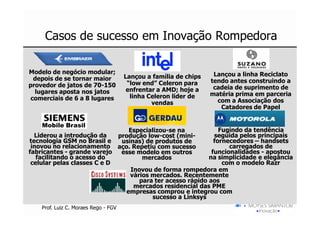 Casos de sucesso em Inovação Rompedora

Modelo de negócio modular;                                         Lançou a linha Reciclato
  depois de se tornar maior           Lançou a família de chips
                                       “low end” Celeron para     tendo antes construindo a
provedor de jatos de 70-150                                        cadeia de suprimento de
  lugares aposta nos jatos             enfrentar a AMD; hoje a
                                        linha Celeron líder de    matéria prima em parceria
 comerciais de 6 a 8 lugares                                        com a Associação dos
                                               vendas
                                                                     Catadores de Papel

    Mobile Brasil
                                Especializou-se na             Fugindo da tendência
  Liderou a introdução da    produção low-cost (mini-        seguida pelos principais
tecnologia GSM no Brasil e    usinas) de produtos de         fornecedores – handsets
 inovou no relacionamento aço. Repetiu com sucesso                carregados de
fabricantes - grande varejo   esse modelo em outros         funcionalidades - apostou
   facilitando o acesso do           mercados              na simplicidade e elegância
 celular pelas classes C e D                                    com o modelo Razr
                                 Inovou de forma rompedora em
                                 vários mercados. Recentemente
                                    para ter acesso rápido aos
                                  mercados residencial das PME
                               empresas comprou e integrou com
                                        sucesso a Linksys
    Prof. Luiz C. Moraes Rego - FGV
 