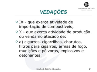 VEDAÇÕES 
 IX - que exerça atividade de 
importação de combustíveis; 
 X - que exerça atividade de produção 
ou venda no atacado de: 
 a) cigarros, cigarrilhas, charutos, 
filtros para cigarros, armas de fogo, 
munições e pólvoras, explosivos e 
detonantes; 
Botelho & Botelho Advogados 24 
 