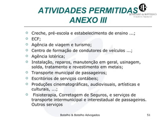 ATIVIDADES PERMITIDAS 
ANEXO III 
 Creche, pré-escola e estabelecimento de ensino ...; 
 ECF; 
 Agência de viagem e turismo; 
 Centro de formação de condutores de veículos ...; 
 Agência lotérica; 
 Instalação, reparos, manutenção em geral, usinagem, 
solda, tratamento e revestimento em metais; 
 Transporte municipal de passageiros; 
 Escritórios de serviços contábeis; 
 Produções cinematográficas, audiovisuais, artísticas e 
culturais, ...; 
 Fisioterapia, Corretagem de Seguros, e serviços de 
transporte intermunicipal e interestadual de passageiros. 
Outros serviços 
Botelho & Botelho Advogados 51 
 