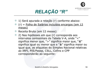 RELAÇÃO “R” 
 1) Será apurada a relação (r) conforme abaixo: 
 (r) = Folha de Salários incluídos encargos (em 12 
meses) 
 Receita Bruta (em 12 meses) 
 2) Nas hipóteses em que (r) corresponda aos 
intervalos centesimais da Tabela V-A, onde “<” 
significa menor que, “>” significa maior que, “≤” 
significa igual ou menor que e “≥” significa maior ou 
igual que, as alíquotas do Simples Nacional relativas 
ao IRPJ, PIS/Pasep, CSLL, Cofins e CPP 
corresponderão ao seguinte: 
Botelho & Botelho Advogados 58 
 