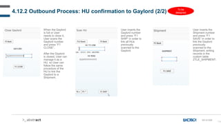 134
4.12.2 Outbound Process: HU confirmation to Gaylord (2/2)
SH-D-026
When the Gaylord
is full or User
needs to close it,
User scans the
Gaylord number
and press “F1
CLOSE”.
After the Gaylord
is closed, User can
manage it as a
HU, so User can
follow the same
procedure of the
HU to link the
Gaylord to a
Shipment.
User inserts the
Gaylord number
and press “F1
SHIP” in order to
link all HUs
previously
scanned to the
Gaylord.
User inserts the
Shipment number
and press “F1
SAVE” in order to
link the Gaylord
previously
scanned to the
Shipment, writing
records in the
custom table
ZTLE_SHIPMENT.
To be
designed
 
