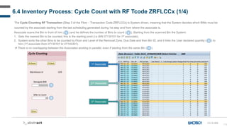 176
6.4 Inventory Process: Cycle Count with RF Tcode ZRFLCCx (1/4)
CC-D-065
The Cycle Counting RF Transaction (Step 3 of the Flow – Transaction Code ZRFLCCx) is System driven, meaning that the System decides which BINs must be
counted by the associate starting from the last scheduling generated during 1st step and from where the associate is.
Associate scans the Bin in front of him ( ) and he defines the number of Bins to count ( ). Starting from the scanned Bin the System:
1. Gets the nearest Bin to be counted, this is the starting point (i.e BIN 07130101 for 1st associate).
2. System sorts the other Bins to be counted by Floor and Level of the Removal Zone, Due Date and then Bin ID, and it links the User declared quantity ( ) to
him (1st associate from 07130101 to 07140301).
 There is no overlapping between the Associates working in parallel, even if starting from the same Bin ( ).
1 2
1
2
1st Associate
2nd Associate
3rd Associate
1
2
 