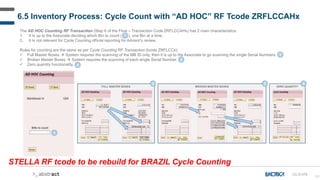 181
6.5 Inventory Process: Cycle Count with “AD HOC” RF Tcode ZRFLCCAHx
CC-D-070
STELLA RF tcode to be rebuild for BRAZIL Cycle Counting
The AD HOC Counting RF Transaction (Step 6 of the Flow – Transaction Code ZRFLCCAHx) has 2 main characteristics:
1. It is up to the Associate deciding which Bin to count ( ), one Bin at a time.
2. It is not relevant for Cycle Counting official reporting for Advisor's review.
Rules for counting are the same as per Cycle Counting RF Transaction (tcode ZRFLCCx):
 Full Master Boxes  System requires the scanning of the MB ID only, then it is up to the Associate to go scanning the single Serial Numbers.
 Broken Master Boxes  System requires the scanning of each single Serial Number.
 Zero quantity functionality.
2
1
3
4
1
FULL MASTER BOXES BROKEN MASTER BOXES ZERO QUANTITY
2 3 4
 