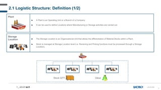 8
► A Plant is an Operating Unit or a Branch of a Company.
► It can be used to define Locations where Manufacturing or Storage activities are carried out.
Plant
► The Storage Location is an Organizational Unit that allows the differentiation of Material Stocks within a Plant.
► Stock is managed at Storage Location level (i.e. Receiving and Picking functions must be processed through a Storage
Location).
Storage
Location
Value
Stock QTY
2.1 Logistic Structure: Definition (1/2)
LS-D-010
 