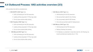 84
4.4 Outbound Process: VAS activities overview (3/3)
VAS activities that will be considered are:
OU-D-052
 VAS DUFRY (VAS Type = L):
 VAS not blocking for the PGI execution.
 Labels printing requested  Price tag Label.
 Can be done anytime after picking.
 VAS Fotoptica (VAS Type = L):
 VAS not blocking for the PGI execution.
 Labels printing requested  Price tag Label.
 Can be done anytime after picking.
 VAS Manual (VAS Type = L):
 VAS not blocking for the PGI execution.
 Labels printing requested  Price tag Label.
 Can be done anytime after picking.
 VAS Mexico (VAS Type = L):
 VAS blocking for the PGI execution.
 One pre-printed Label for Sun frames.
 One pre-printed Label for RX frames.
 One extra pre-printed Label for Kipling brand.
 VAS Mexico (VAS Type = G):
 VAS blocking for the PGI execution.
 Delivery Packing List printing.
 If a Delivery is contained in more than one HU, the Packing List
must be printed and inserted only in 1 HU.
 