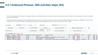 89
4.4.1 Outbound Process: VAS activities steps (4/5)
For all VAS defined at SKU level, the System will show an additional screen where the User will be able to scan the Stock ID for each piece in order to correctly
process the activities.
Once the User has finished with the activities at SKU level, he can go back to the main screen and if all VAS are finished (the Status is GREEN for all the VAS –
except for the “S” type VAS and the total remaining pieces to be processed is zero) the User can exit from VAS Cockpit.
OU-D-056
 