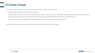 92
4.5 Carrier change
The Carrier change can be done in various steps of the flow and both in DWM and ECC Systems:
 In DWM System, before the User creates the Picking Cart;
 In DWM System, while performing VAS activities if the Carrier change is set as a VAS (e.g.: MROUTING)  N.B. If the other VAS activities are finished, the
System will automatically block the PGI execution of a Delivery that requires MROUTING until the User has changed the Carrier;
 In ECC System, after the PGI execution, in the Shipping Station area, while performing Shipping VAS activities.
A specific transaction will be provided in both DWM and ECC Systems to perform the Carrier change.
OU-D-060
 