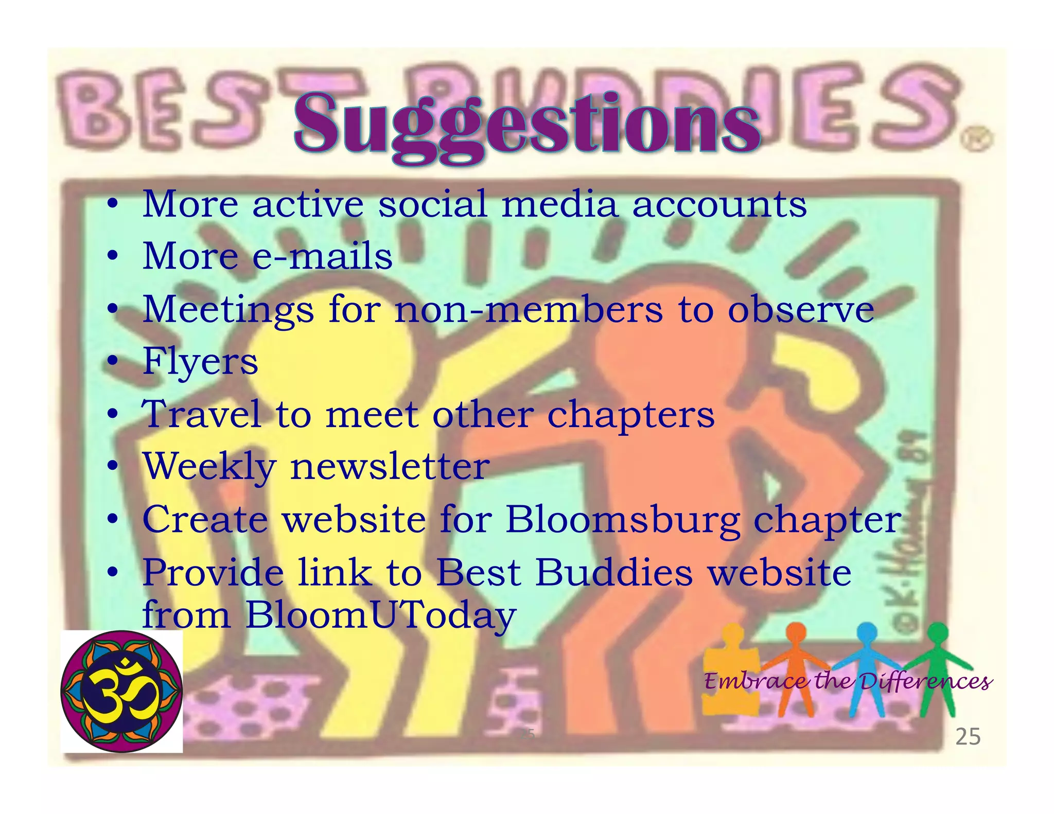 • 
• 
• 
• 
• 
• 
• 
• 

More active social media accounts
More e-mails
Meetings for non-members to observe
Flyers
Travel to meet other chapters
Weekly newsletter
Create website for Bloomsburg chapter
Provide link to Best Buddies website
from BloomUToday
Embrace the Differences
25	
  

25	
  

 