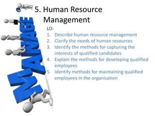 5. Human Resource 
Management 
LO: 
1. Describe human resource management 
2. Clarify the needs of human resources 
3. Identify the methods for capturing the 
interests of qualified candidates 
4. Explain the methods for developing qualified 
employees 
5. Identify methods for maintaining qualified 
employees in the organisation 
 