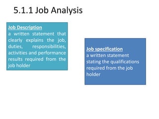 5.1.1 Job Analysis 
Job Description 
a written statement that 
clearly explains the job, 
duties, responsibilities, 
activities and performance 
results required from the 
job holder 
Job specification 
a written statement 
stating the qualifications 
required from the job 
holder 
 