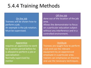 5.4.4 Training Methods 
On the Job 
Trainees will be shown how to 
perform a job. 
An example is the job rotation. 
Must be supervised. 
Off the Job 
done out of the location of the job 
area. 
Allows the demonstrator to focus 
on a particular education subject 
without any interference and in a 
controlled environment. 
Apprentice 
requires an apprentice to work 
for a certain period before he 
is allowed to perform a job or 
specialisation . 
Normally supervised by 
mentor 
Vestibule 
Trainees are taught how to perform 
a job and use the relevant 
equipment by an experienced 
employee in a particular area. 
trainers can emphasise on theories 
and use the necessary techniques. 
 