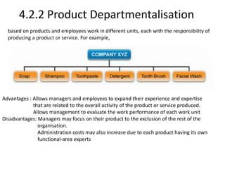 4.2.2 Product Departmentalisation 
based on products and employees work in different units, each with the responsibility of 
producing a product or service. For example, 
Advantages : Allows managers and employees to expand their experience and expertise 
that are related to the overall activity of the product or service produced. 
Allows management to evaluate the work performance of each work unit 
Disadvantages: Managers may focus on their product to the exclusion of the rest of the 
organisation. 
Administration costs may also increase due to each product having its own 
functional-area experts 
 