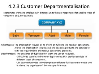 4.2.3 Customer Departmentalisation 
coordinates work and employees in different units that are responsible for specific types of 
consumers only. For example, 
Advantages : The organisation focuses all its efforts on fulfilling the needs of consumers. 
Allows the organisation to specialise and adapt its products and services to 
fulfil the requirements and resolve consumers’ problems. 
Disadvantages: The existence of duplication of work and use of resources. 
Difficulty to coordinate between departments that provide services to 
different types of consumers. 
Can cause employees to overemphasise effort to fulfil customer needs until 
it affects the organisation’s business performance. 
 