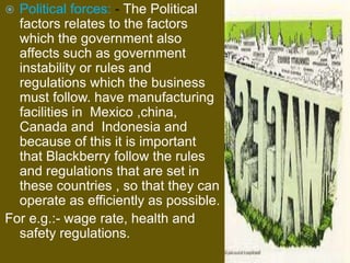  Political forces: - The Political
factors relates to the factors
which the government also
affects such as government
instability or rules and
regulations which the business
must follow. have manufacturing
facilities in Mexico ,china,
Canada and Indonesia and
because of this it is important
that Blackberry follow the rules
and regulations that are set in
these countries , so that they can
operate as efficiently as possible.
For e.g.:- wage rate, health and
safety regulations.
 