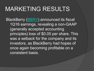 MARKETING RESULTS
BlackBerry (BBRY) announced its fiscal
1Q16 earnings, revealing a non-GAAP
(generally accepted accounting
principles) loss of $0.05 per share. This
was a setback for the company and its
investors, as BlackBerry had hopes of
once again becoming profitable on a
consistent basis.
 