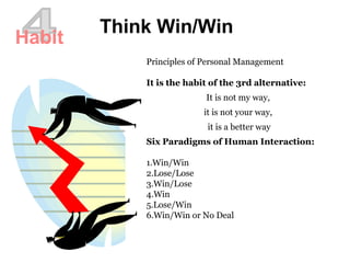 Think Win/Win
Habit
Principles of Personal Management
It is the habit of the 3rd alternative:
It is not my way,
it is not your way,
it is a better way
Six Paradigms of Human Interaction:
1.Win/Win
2.Lose/Lose
3.Win/Lose
4.Win
5.Lose/Win
6.Win/Win or No Deal
 